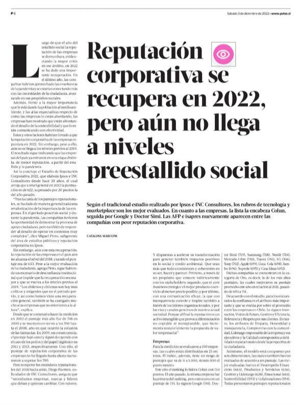 Reputación corporativa se recupera en 2022